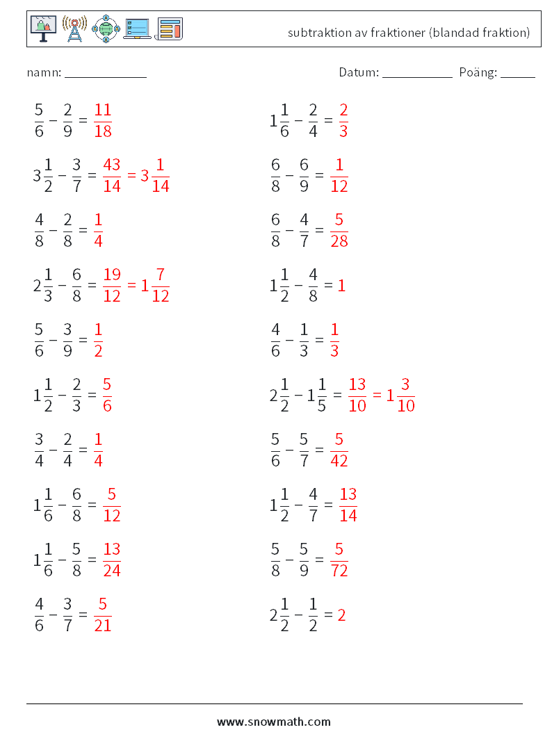 (20) subtraktion av fraktioner (blandad fraktion) Matematiska arbetsblad 7 Fråga, svar