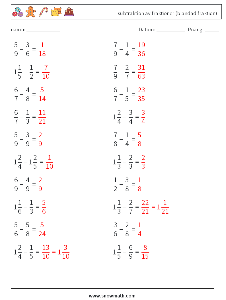 (20) subtraktion av fraktioner (blandad fraktion) Matematiska arbetsblad 9 Fråga, svar