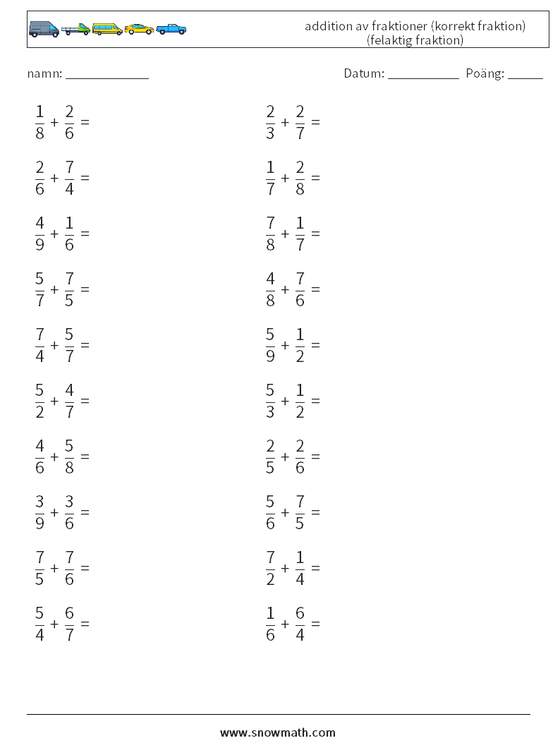 (20) addition av fraktioner (korrekt fraktion) (felaktig fraktion) Matematiska arbetsblad 1