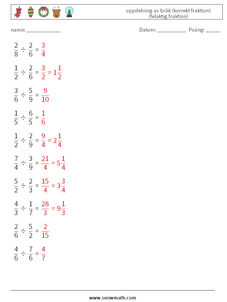 (10) uppdelning av bråk (korrekt fraktion) (felaktig fraktion) Matematiska arbetsblad 10 Fråga, svar