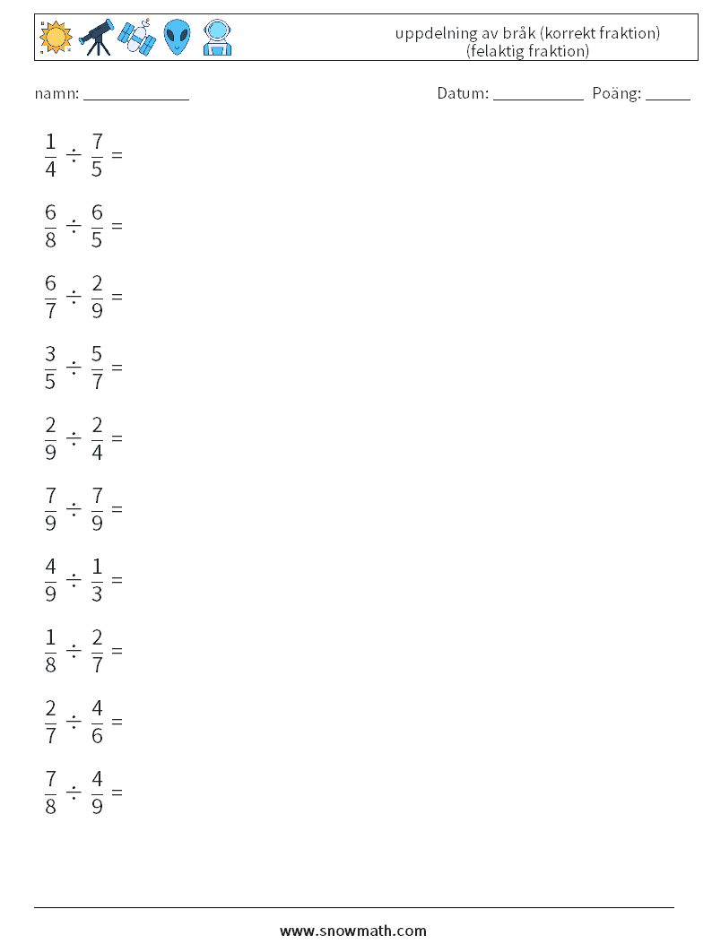 (10) uppdelning av bråk (korrekt fraktion) (felaktig fraktion) Matematiska arbetsblad 15