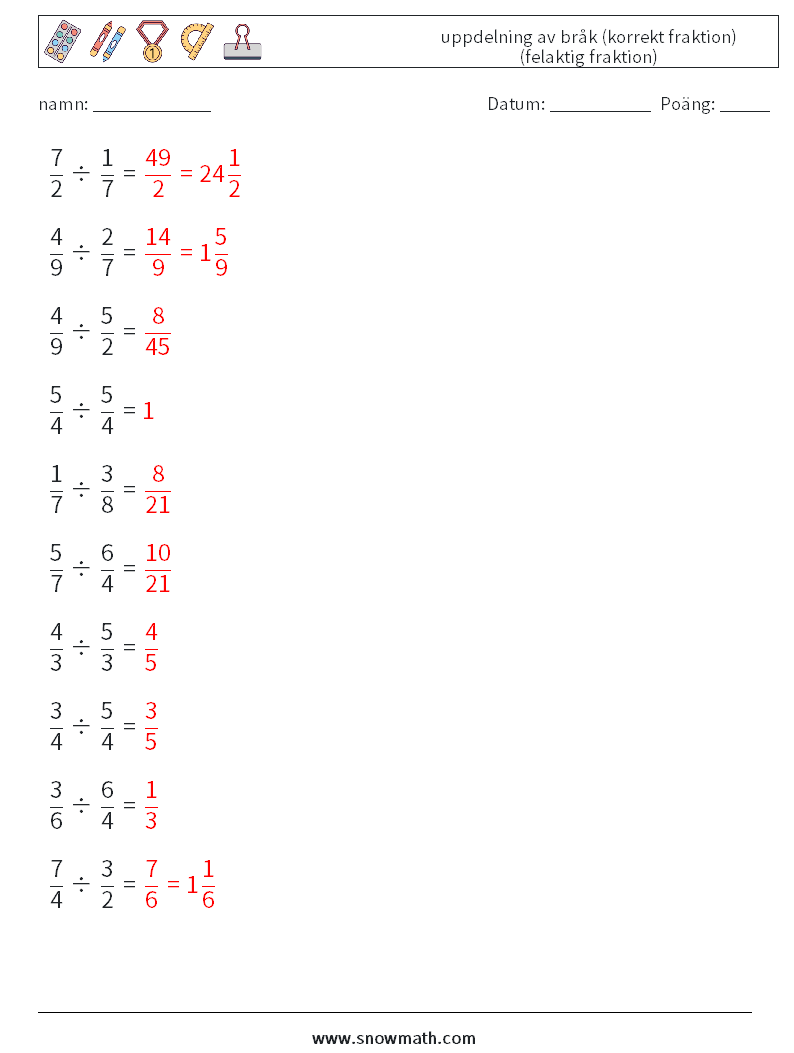 (10) uppdelning av bråk (korrekt fraktion) (felaktig fraktion) Matematiska arbetsblad 1 Fråga, svar