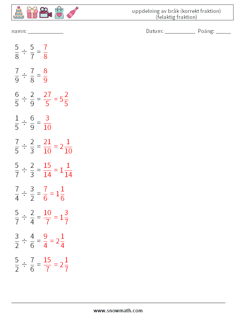 (10) uppdelning av bråk (korrekt fraktion) (felaktig fraktion) Matematiska arbetsblad 2 Fråga, svar