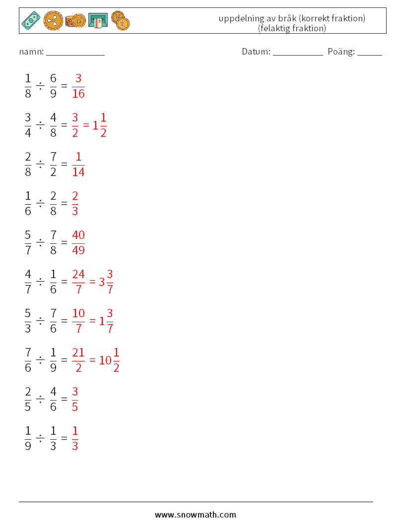 (10) uppdelning av bråk (korrekt fraktion) (felaktig fraktion) Matematiska arbetsblad 3 Fråga, svar