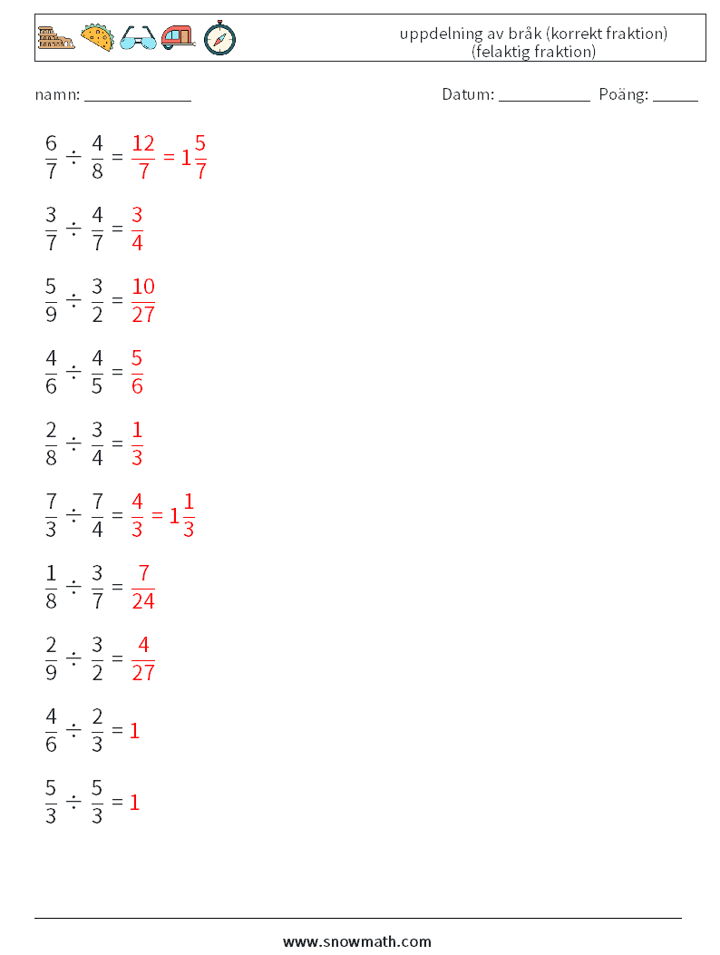 (10) uppdelning av bråk (korrekt fraktion) (felaktig fraktion) Matematiska arbetsblad 5 Fråga, svar