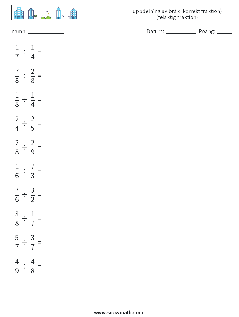 (10) uppdelning av bråk (korrekt fraktion) (felaktig fraktion) Matematiska arbetsblad 8