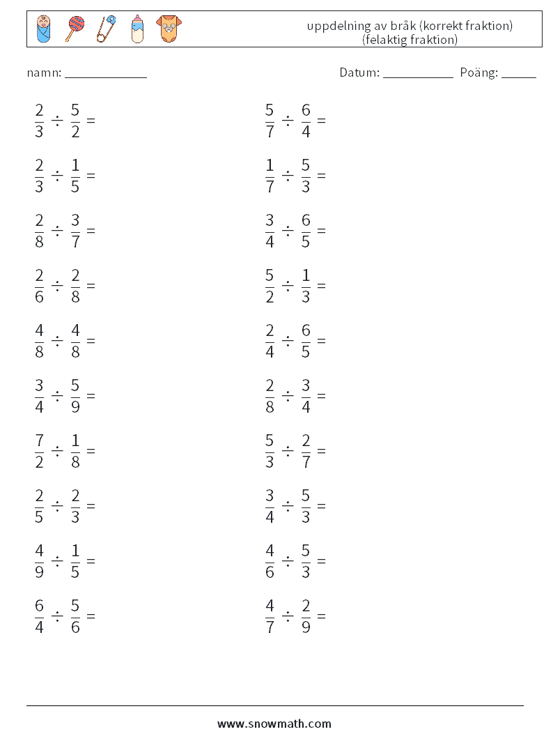 (20) uppdelning av bråk (korrekt fraktion) (felaktig fraktion) Matematiska arbetsblad 11