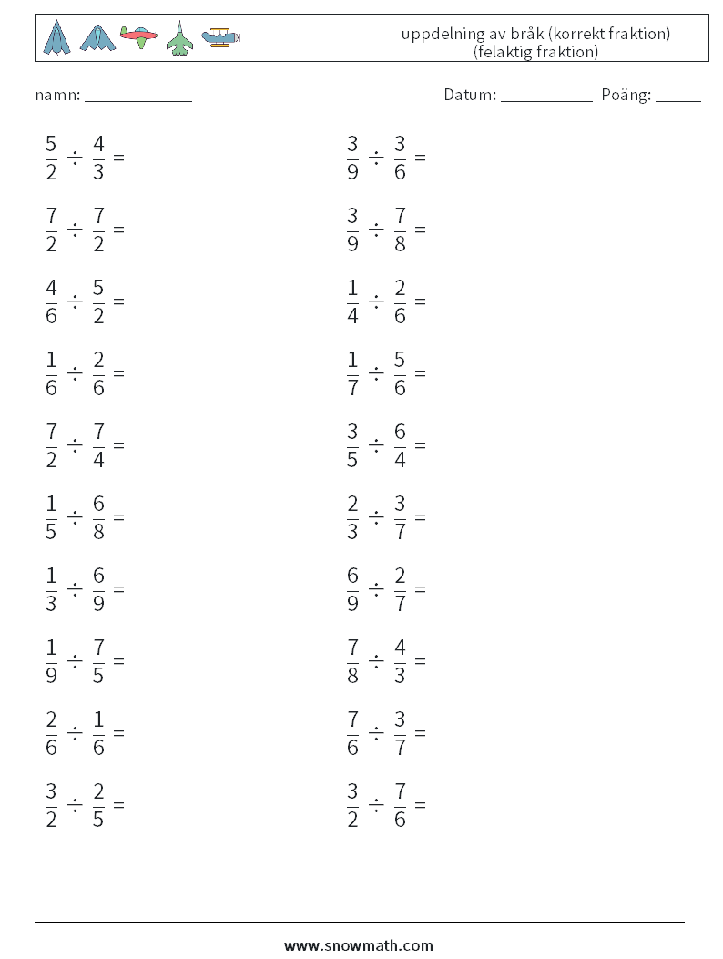 (20) uppdelning av bråk (korrekt fraktion) (felaktig fraktion) Matematiska arbetsblad 12