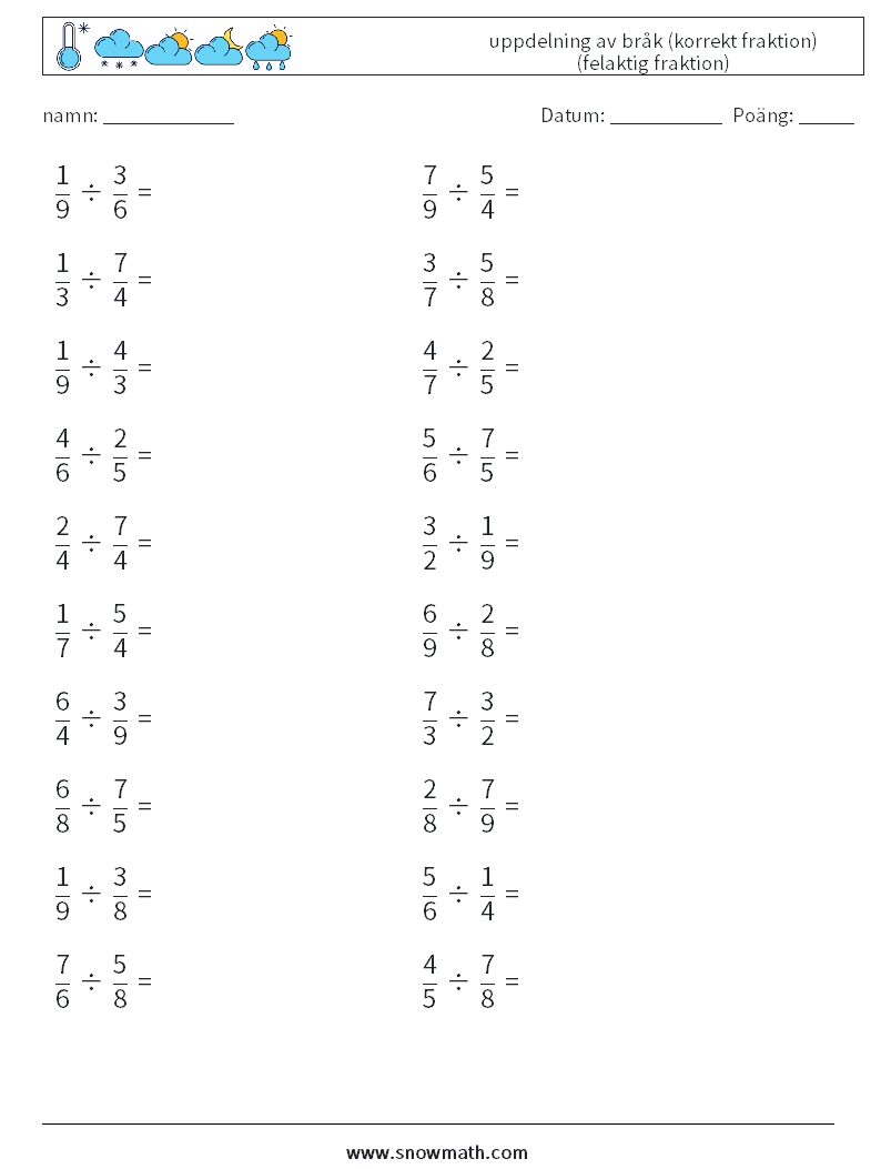 (20) uppdelning av bråk (korrekt fraktion) (felaktig fraktion) Matematiska arbetsblad 13