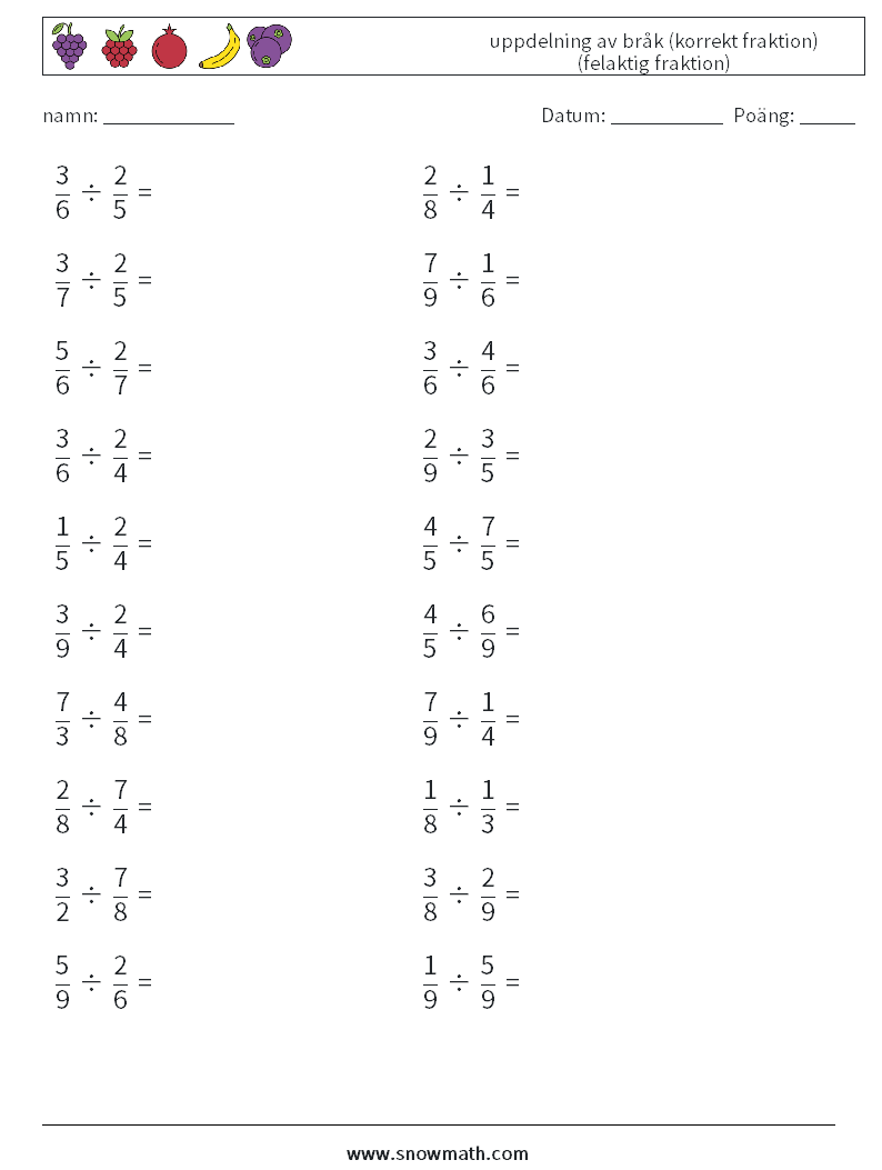 (20) uppdelning av bråk (korrekt fraktion) (felaktig fraktion) Matematiska arbetsblad 14