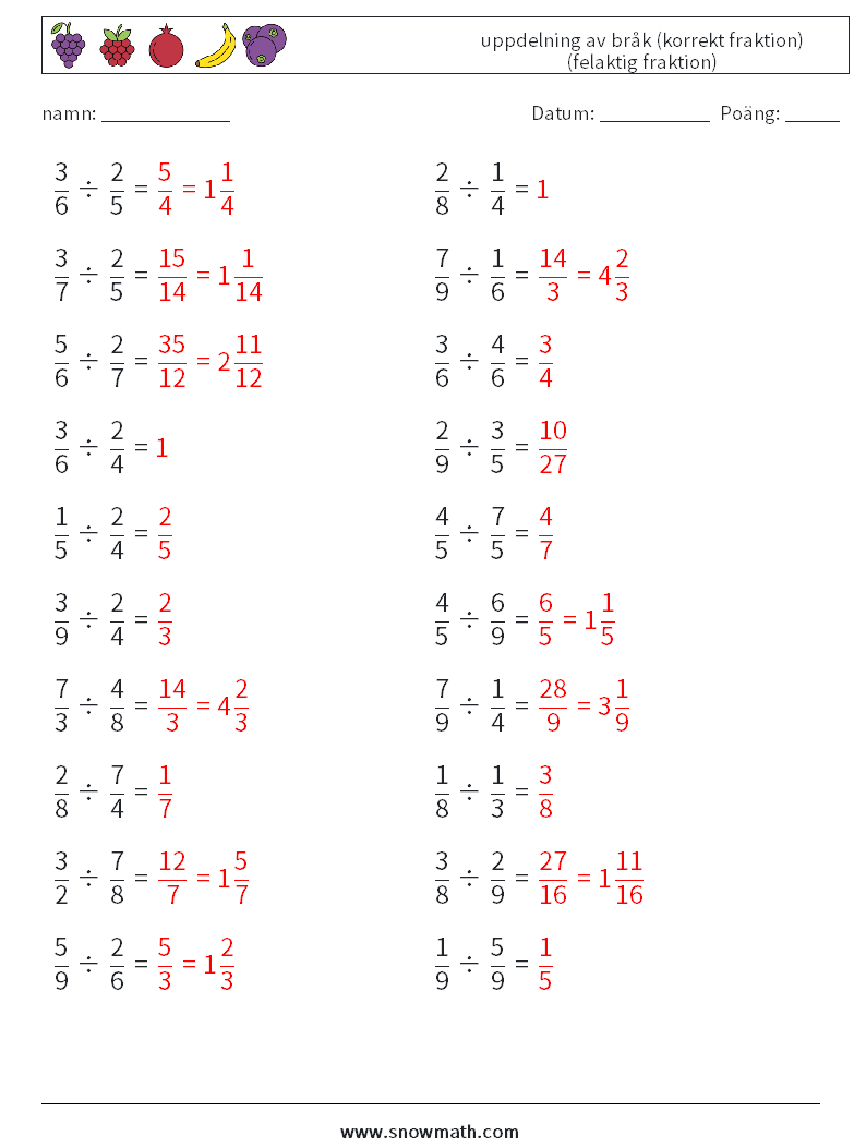 (20) uppdelning av bråk (korrekt fraktion) (felaktig fraktion) Matematiska arbetsblad 14 Fråga, svar