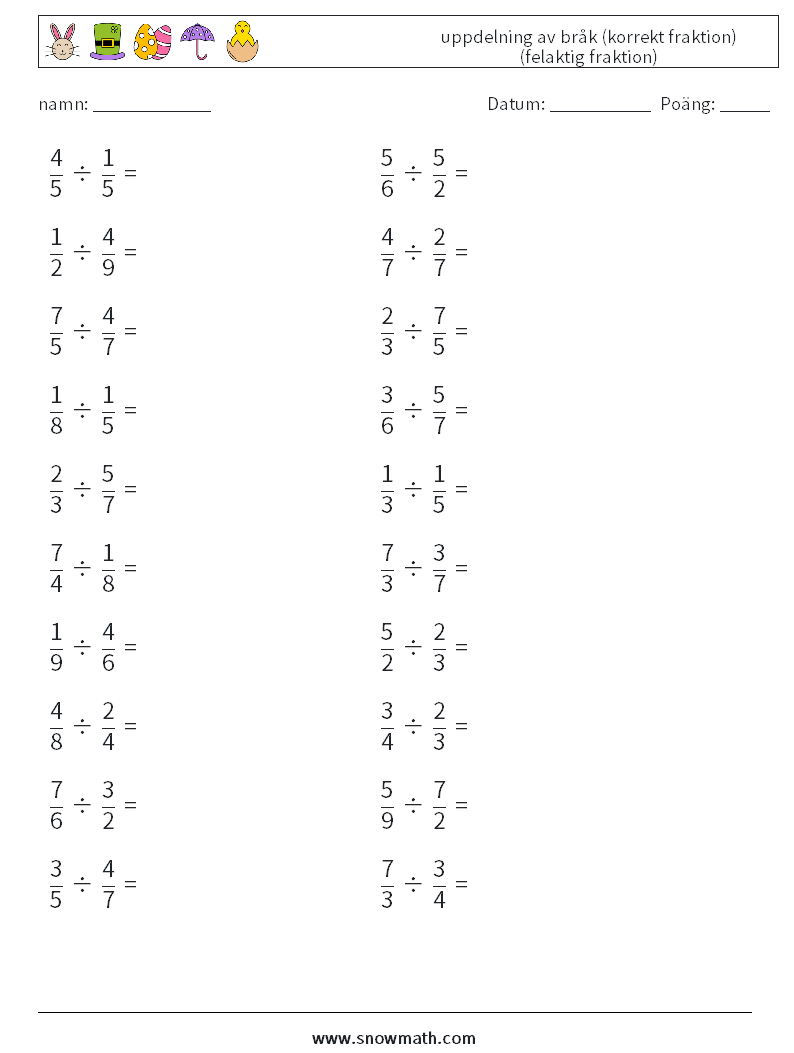 (20) uppdelning av bråk (korrekt fraktion) (felaktig fraktion) Matematiska arbetsblad 15