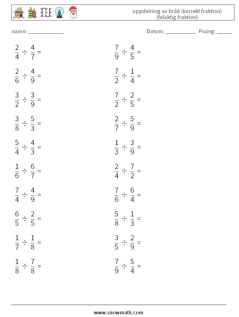 (20) uppdelning av bråk (korrekt fraktion) (felaktig fraktion) Matematiska arbetsblad 16