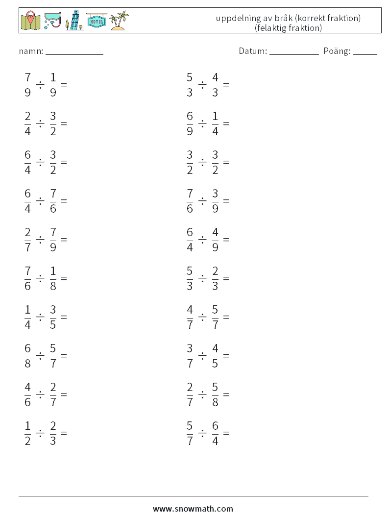 (20) uppdelning av bråk (korrekt fraktion) (felaktig fraktion) Matematiska arbetsblad 17