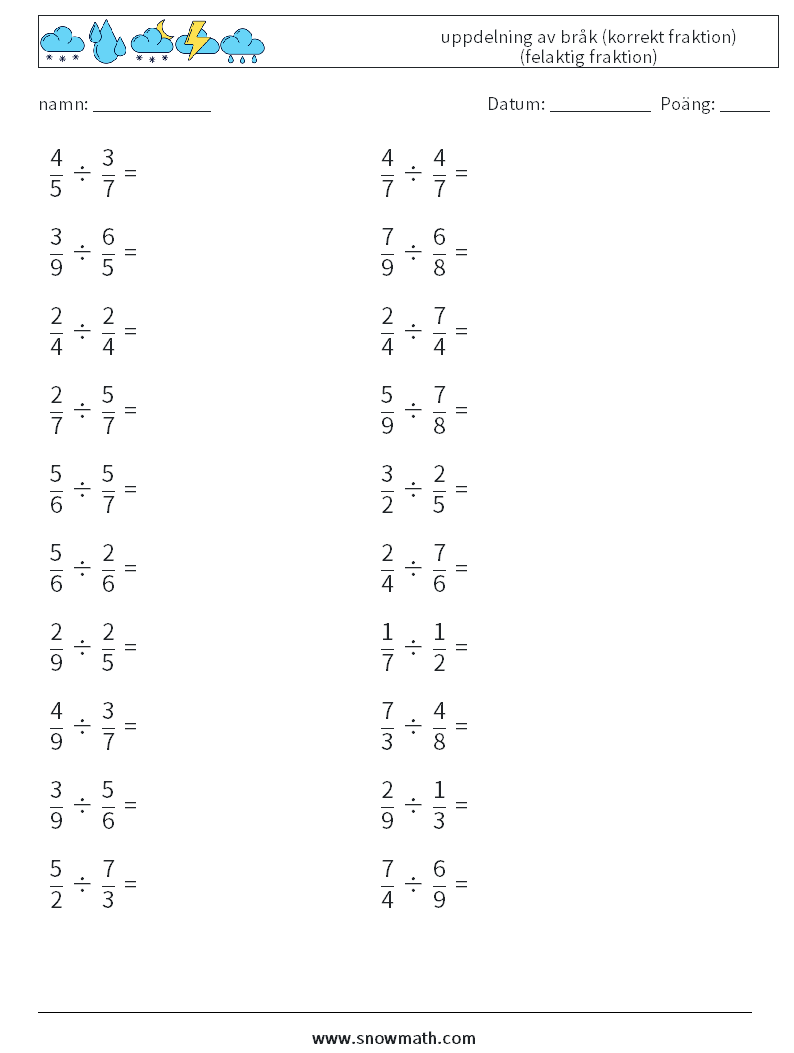 (20) uppdelning av bråk (korrekt fraktion) (felaktig fraktion) Matematiska arbetsblad 18