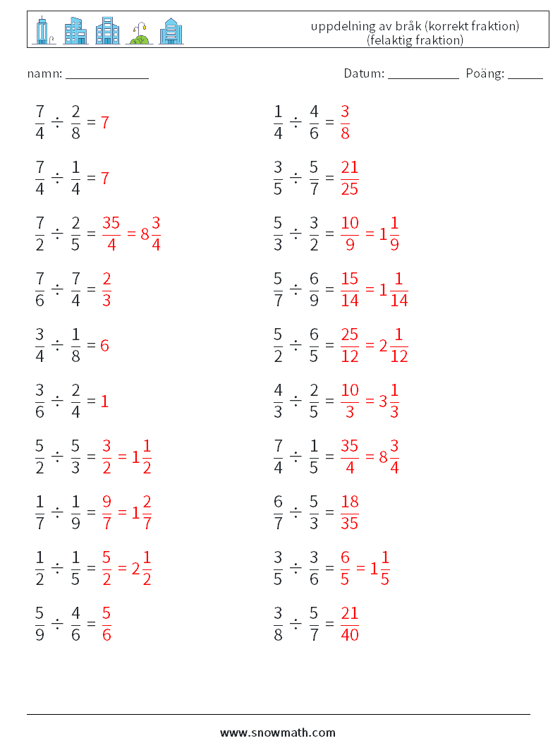 (20) uppdelning av bråk (korrekt fraktion) (felaktig fraktion) Matematiska arbetsblad 1 Fråga, svar