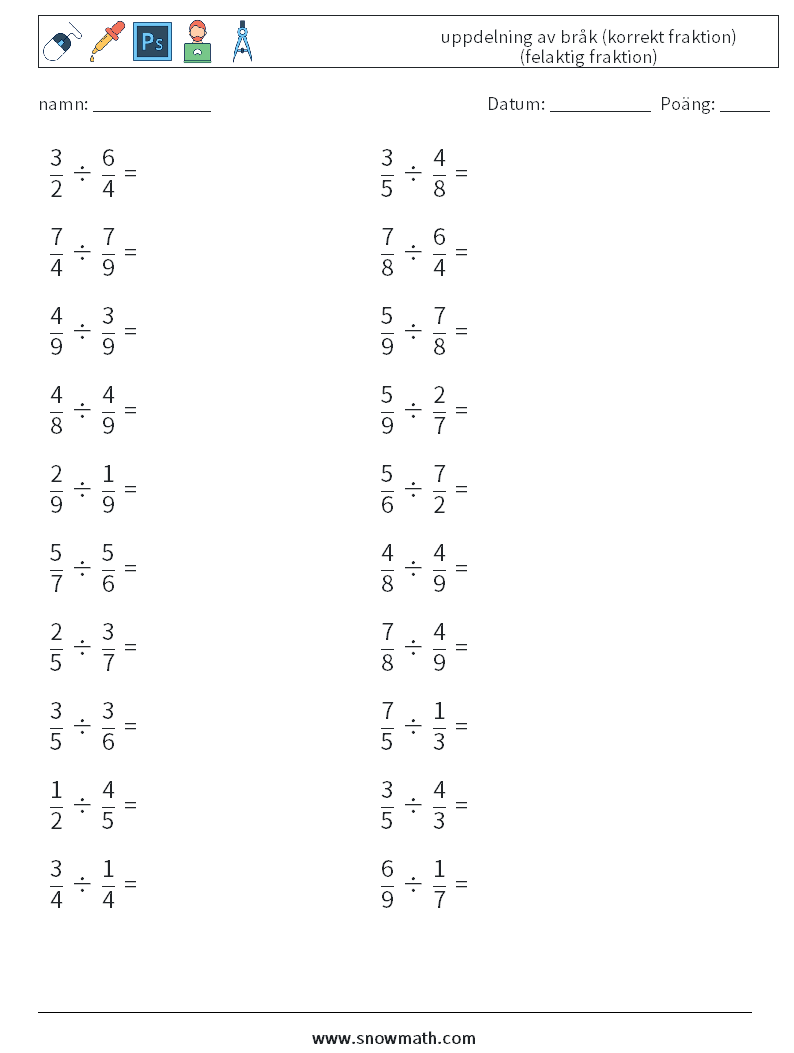(20) uppdelning av bråk (korrekt fraktion) (felaktig fraktion) Matematiska arbetsblad 2