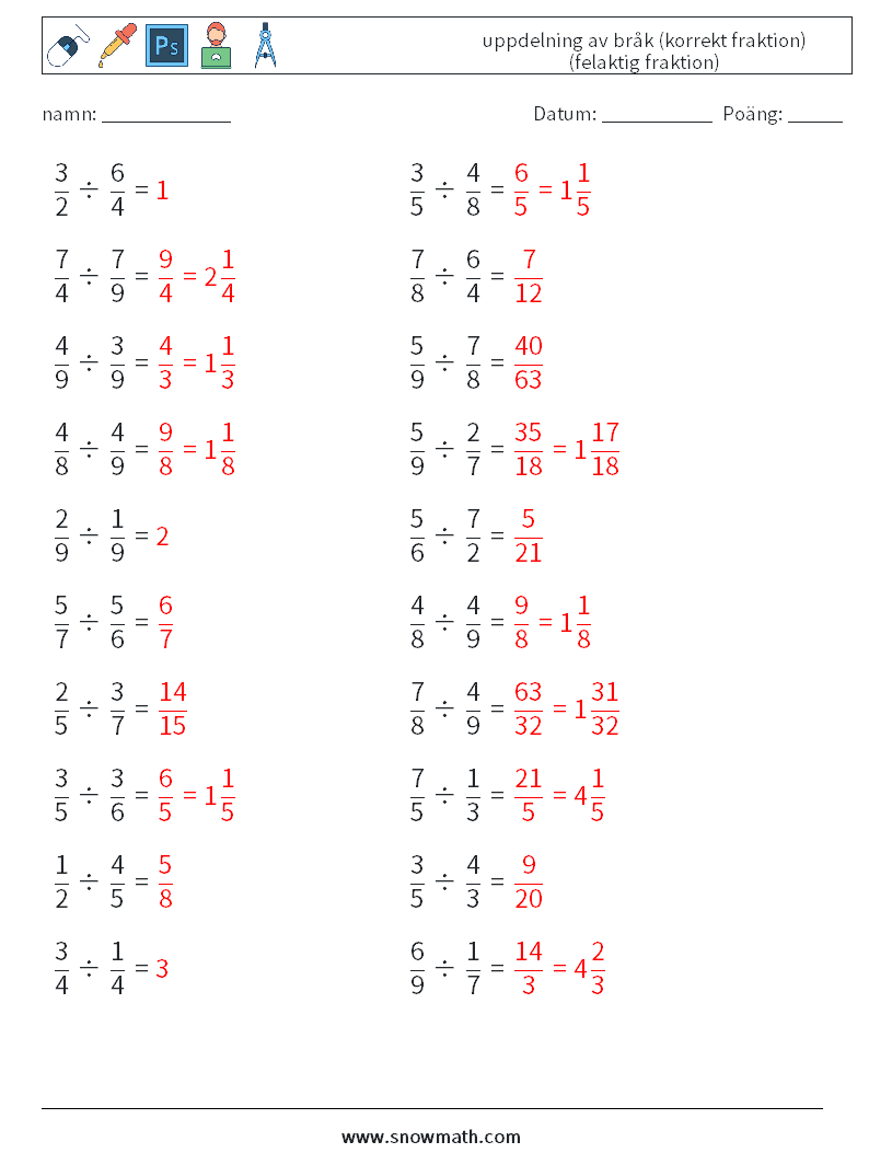 (20) uppdelning av bråk (korrekt fraktion) (felaktig fraktion) Matematiska arbetsblad 2 Fråga, svar