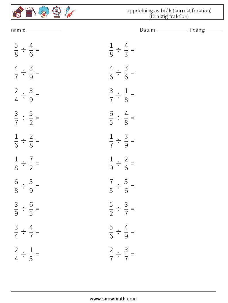 (20) uppdelning av bråk (korrekt fraktion) (felaktig fraktion) Matematiska arbetsblad 3