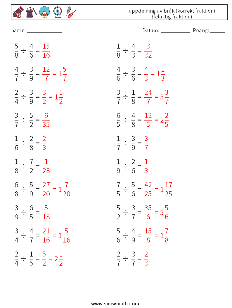 (20) uppdelning av bråk (korrekt fraktion) (felaktig fraktion) Matematiska arbetsblad 3 Fråga, svar