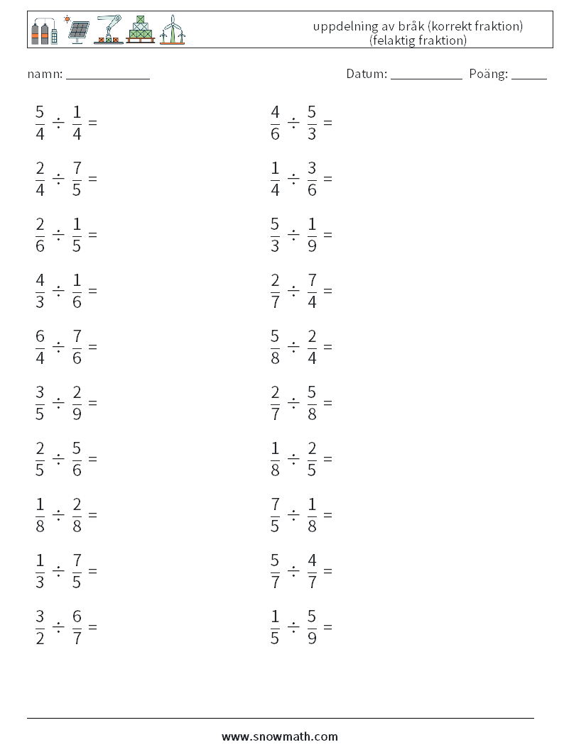 (20) uppdelning av bråk (korrekt fraktion) (felaktig fraktion) Matematiska arbetsblad 4