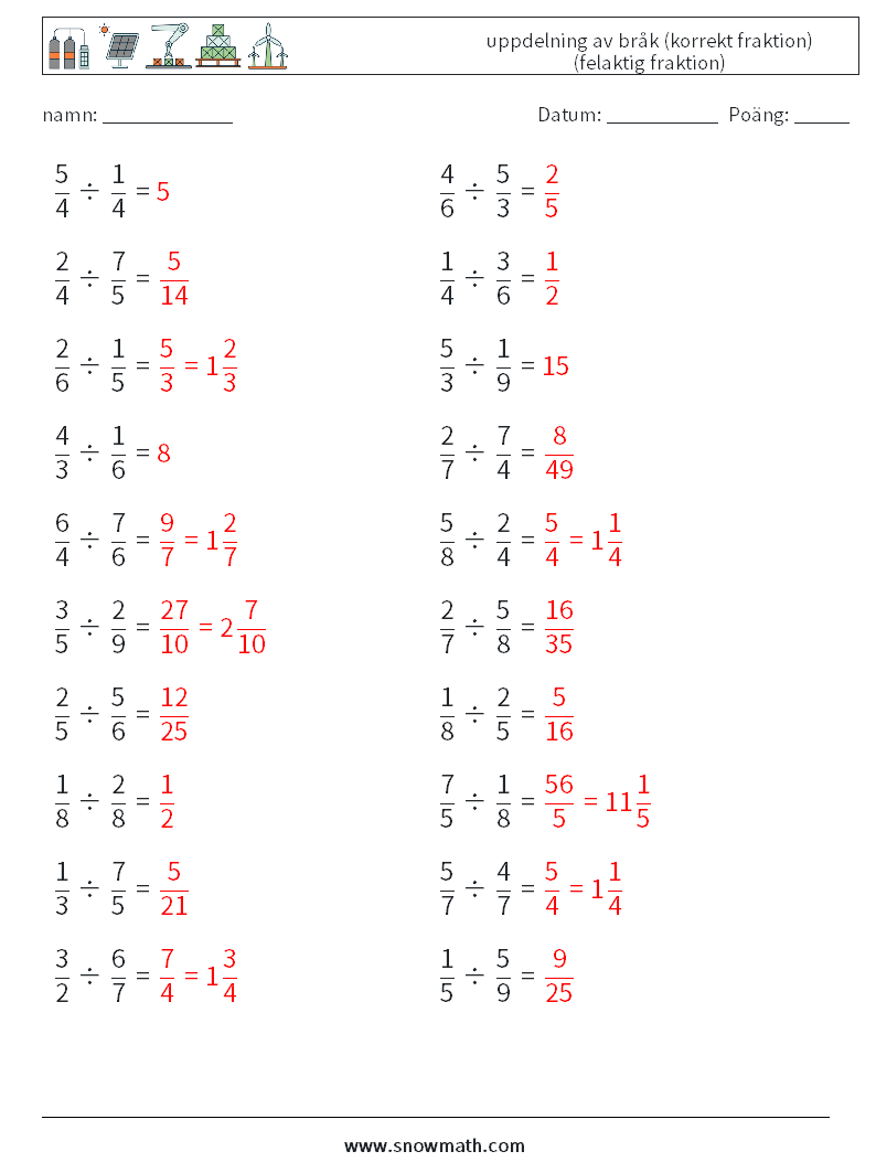 (20) uppdelning av bråk (korrekt fraktion) (felaktig fraktion) Matematiska arbetsblad 4 Fråga, svar
