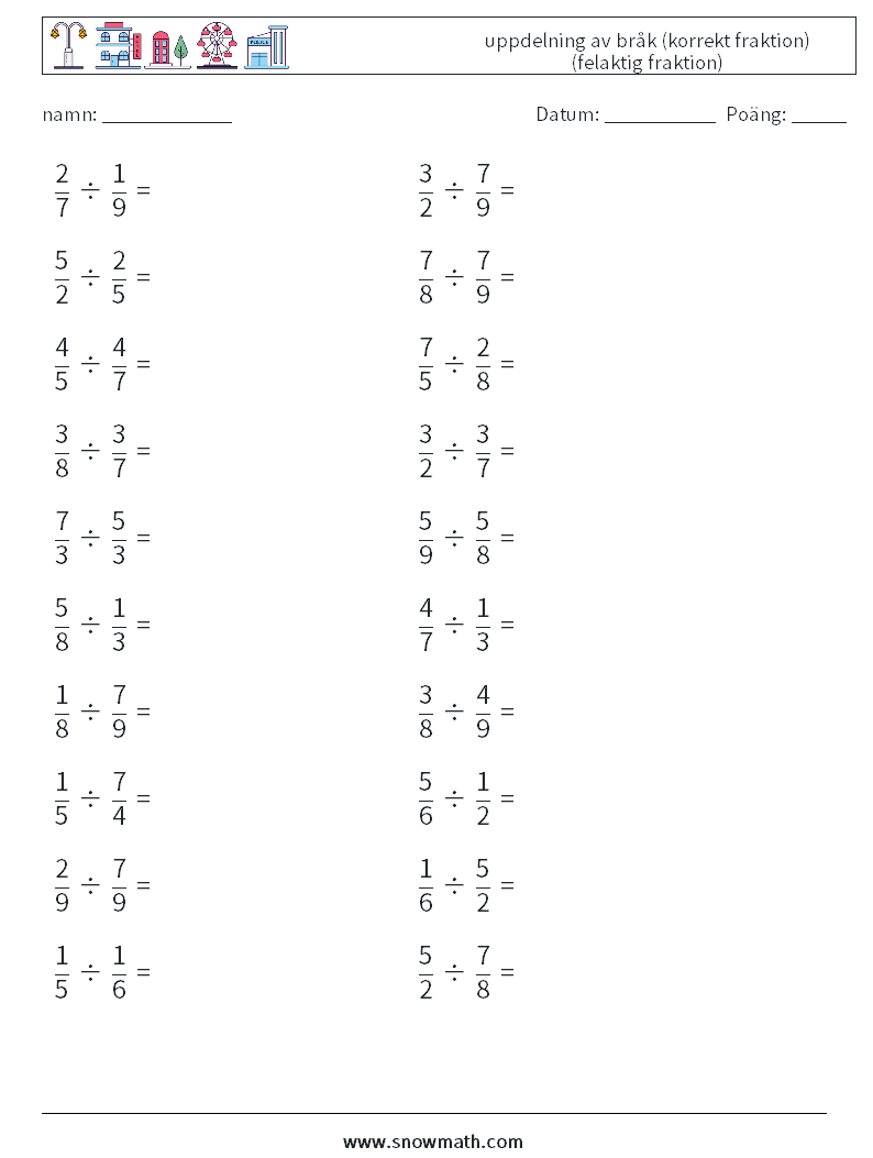 (20) uppdelning av bråk (korrekt fraktion) (felaktig fraktion) Matematiska arbetsblad 5