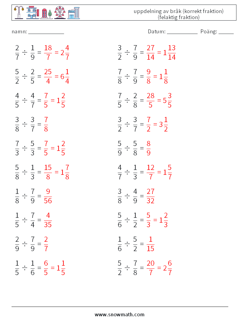 (20) uppdelning av bråk (korrekt fraktion) (felaktig fraktion) Matematiska arbetsblad 5 Fråga, svar