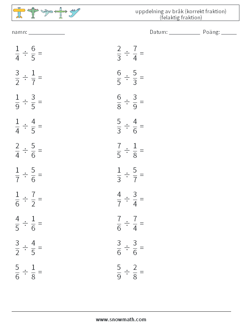 (20) uppdelning av bråk (korrekt fraktion) (felaktig fraktion) Matematiska arbetsblad 6