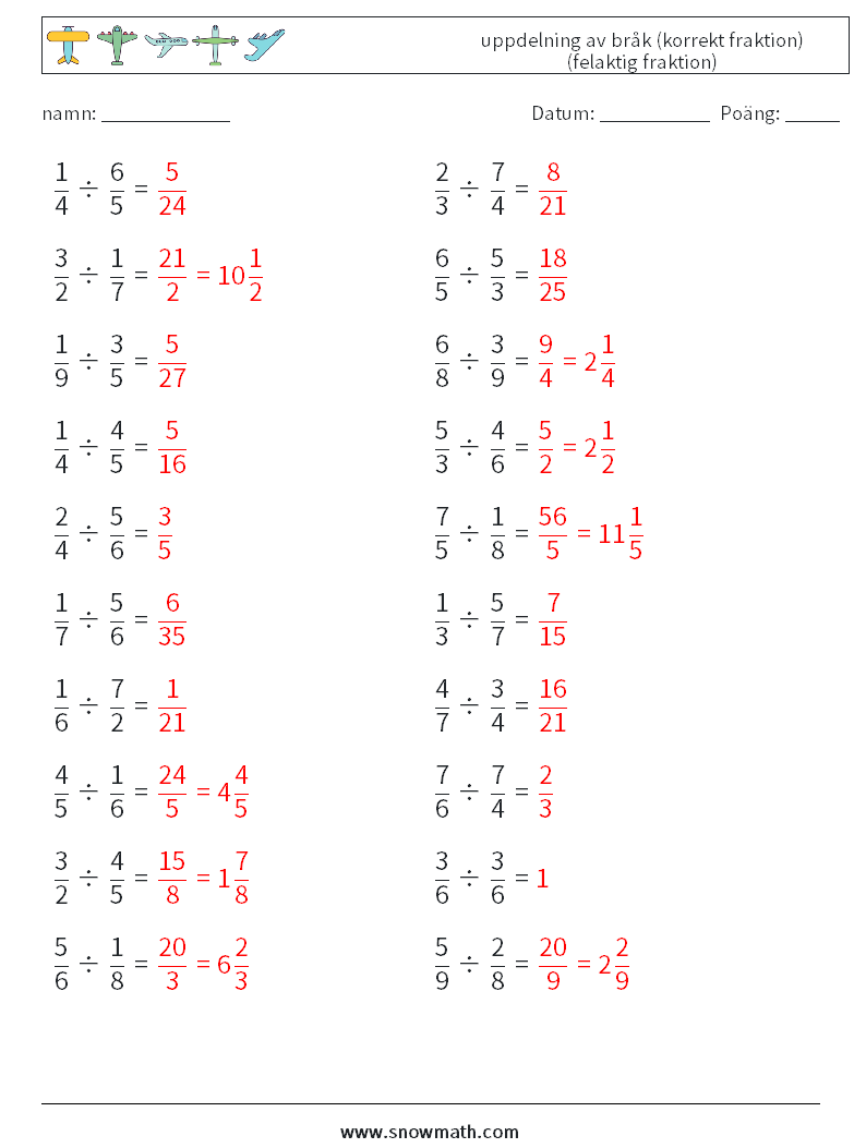 (20) uppdelning av bråk (korrekt fraktion) (felaktig fraktion) Matematiska arbetsblad 6 Fråga, svar