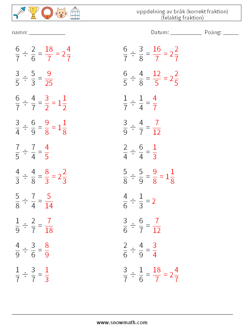 (20) uppdelning av bråk (korrekt fraktion) (felaktig fraktion) Matematiska arbetsblad 7 Fråga, svar