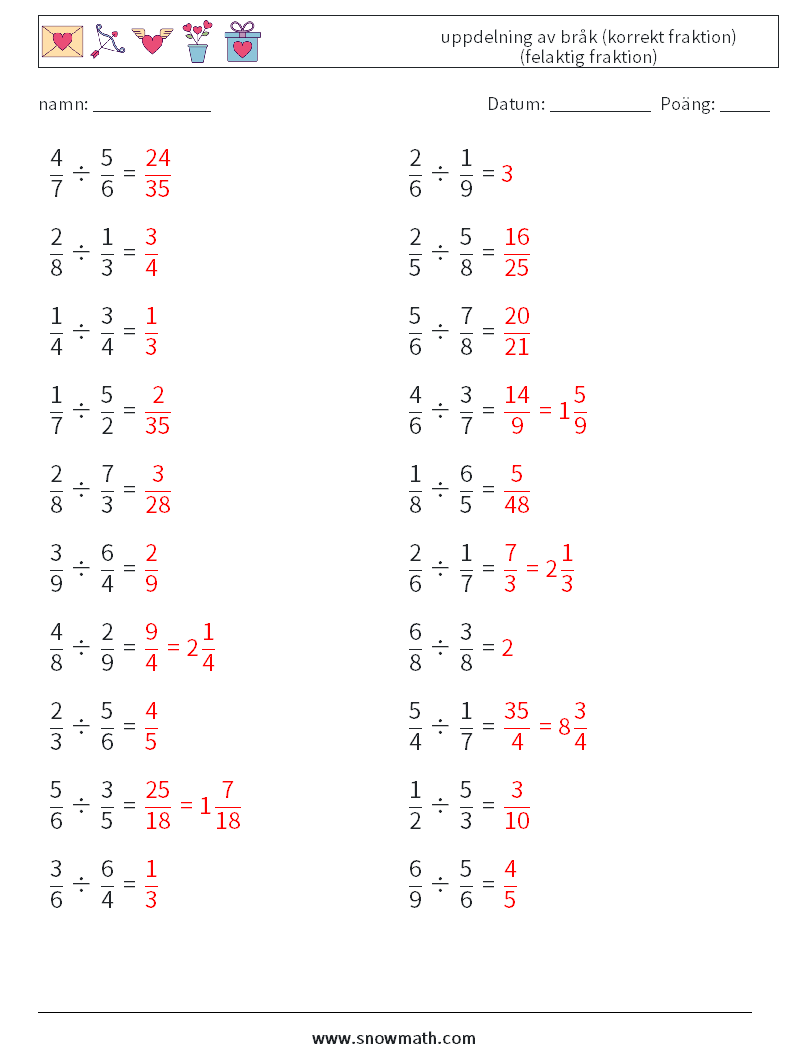 (20) uppdelning av bråk (korrekt fraktion) (felaktig fraktion) Matematiska arbetsblad 8 Fråga, svar