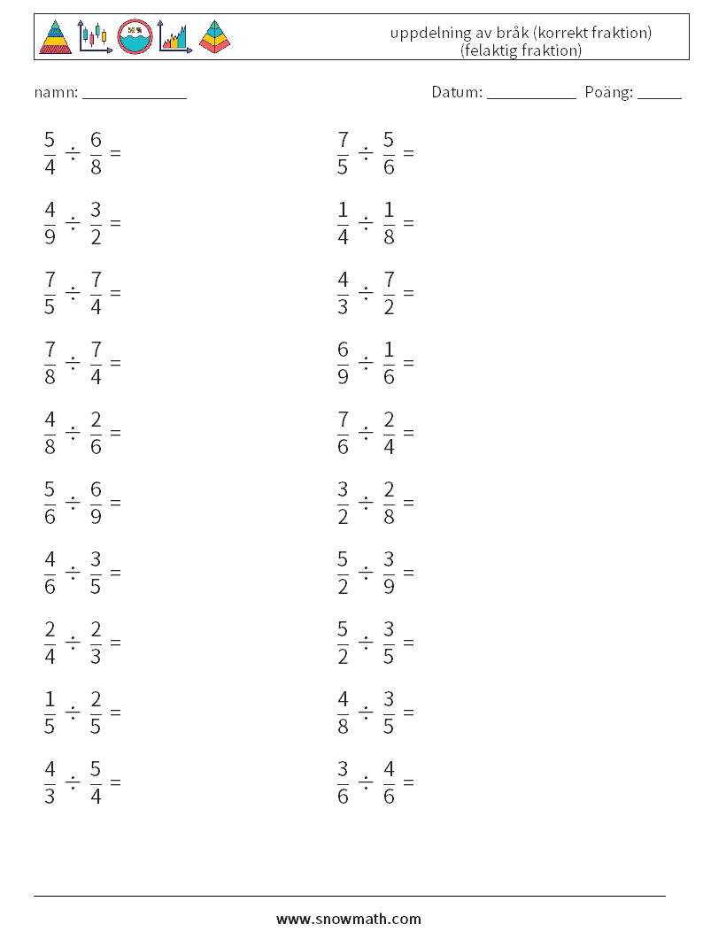 (20) uppdelning av bråk (korrekt fraktion) (felaktig fraktion) Matematiska arbetsblad 9