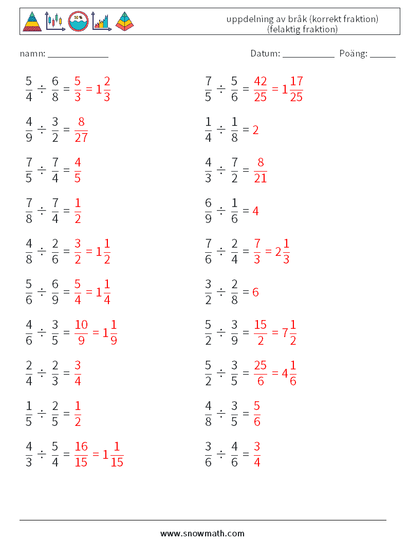 (20) uppdelning av bråk (korrekt fraktion) (felaktig fraktion) Matematiska arbetsblad 9 Fråga, svar