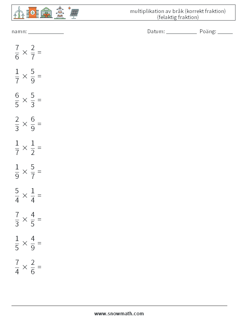 (10) multiplikation av bråk (korrekt fraktion) (felaktig fraktion) Matematiska arbetsblad 11