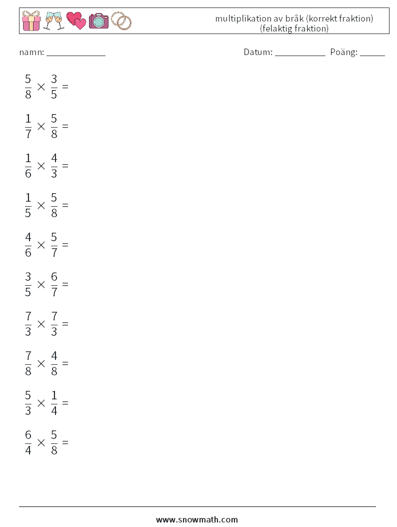 (10) multiplikation av bråk (korrekt fraktion) (felaktig fraktion) Matematiska arbetsblad 13