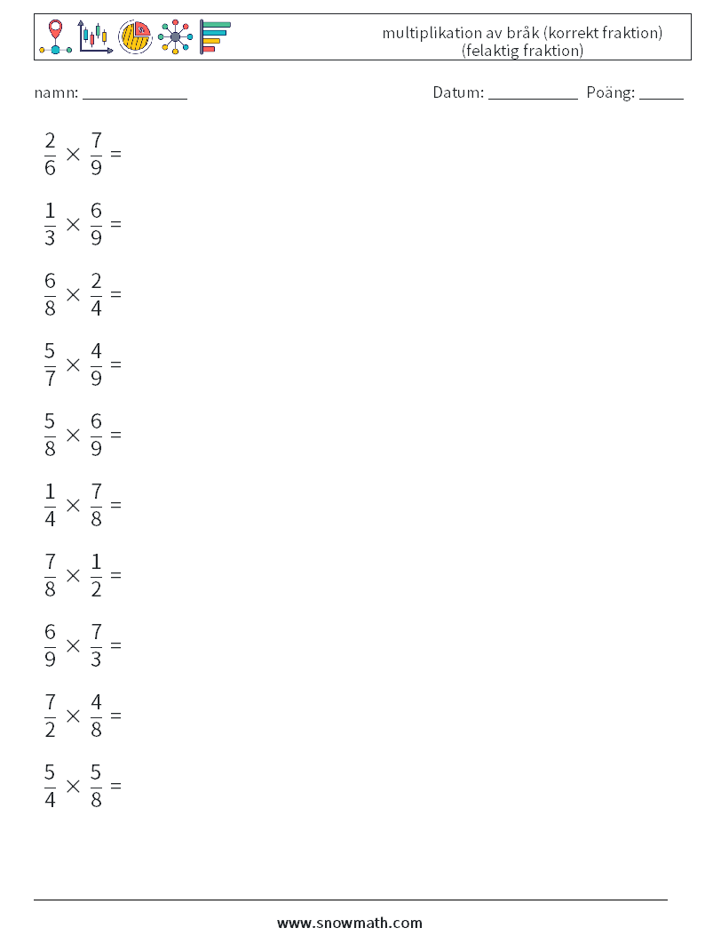 (10) multiplikation av bråk (korrekt fraktion) (felaktig fraktion) Matematiska arbetsblad 14