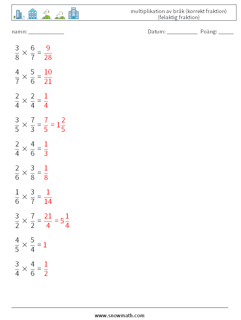 (10) multiplikation av bråk (korrekt fraktion) (felaktig fraktion) Matematiska arbetsblad 15 Fråga, svar