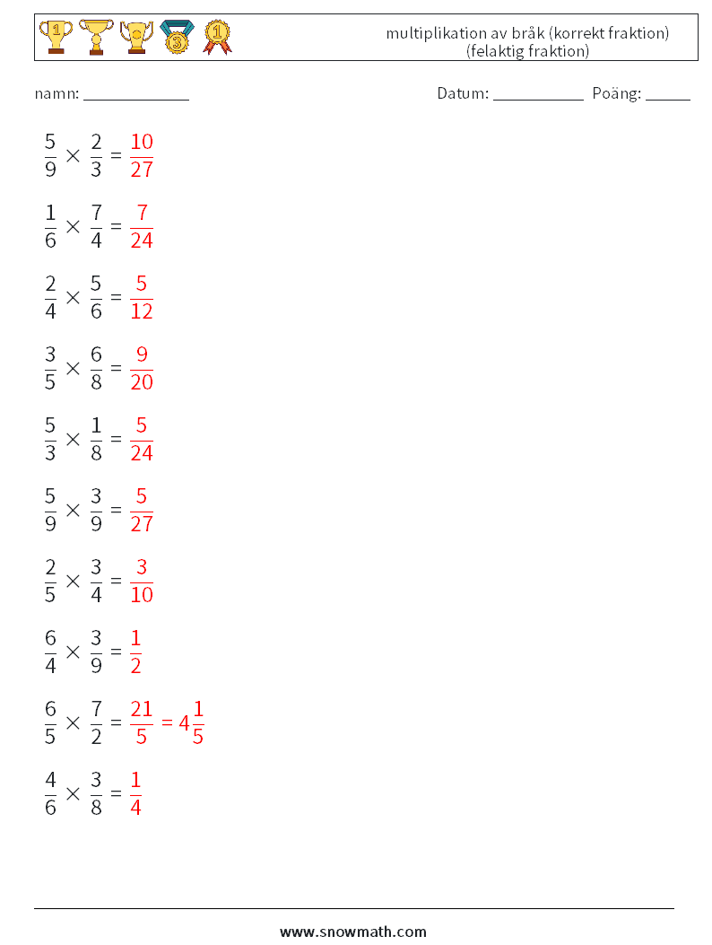 (10) multiplikation av bråk (korrekt fraktion) (felaktig fraktion) Matematiska arbetsblad 17 Fråga, svar
