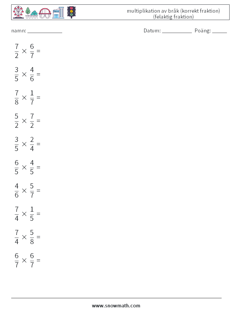 (10) multiplikation av bråk (korrekt fraktion) (felaktig fraktion) Matematiska arbetsblad 18