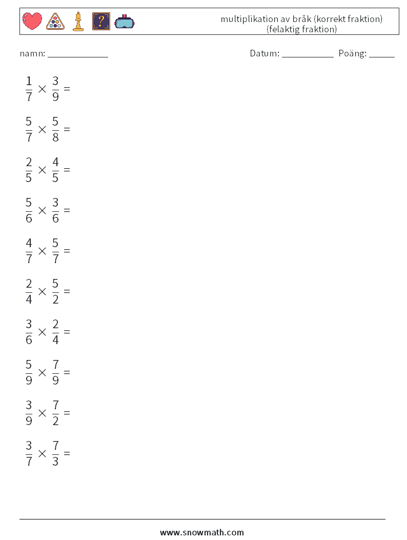 (10) multiplikation av bråk (korrekt fraktion) (felaktig fraktion) Matematiska arbetsblad 3