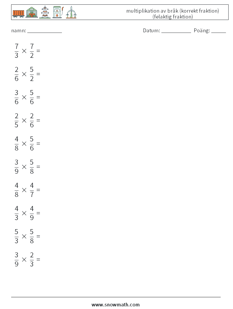 (10) multiplikation av bråk (korrekt fraktion) (felaktig fraktion) Matematiska arbetsblad 6