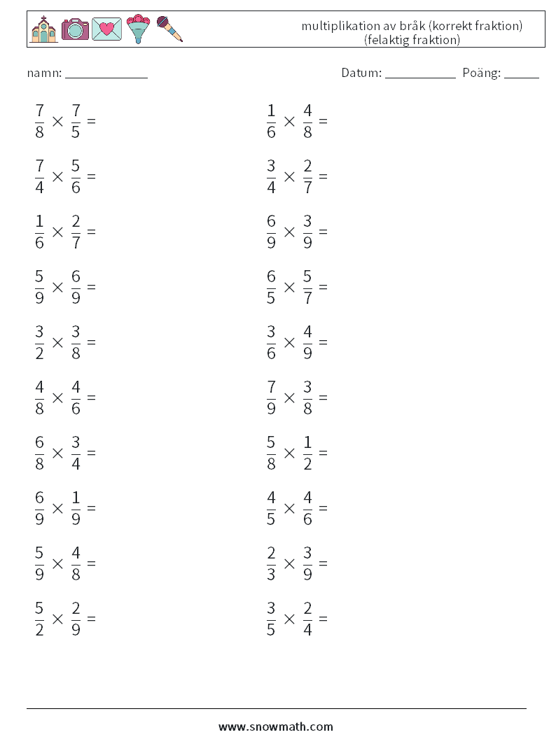 (20) multiplikation av bråk (korrekt fraktion) (felaktig fraktion) Matematiska arbetsblad 11