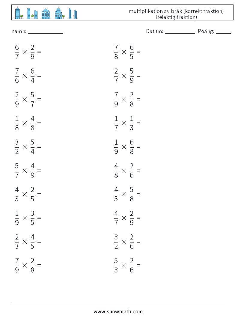 (20) multiplikation av bråk (korrekt fraktion) (felaktig fraktion) Matematiska arbetsblad 12