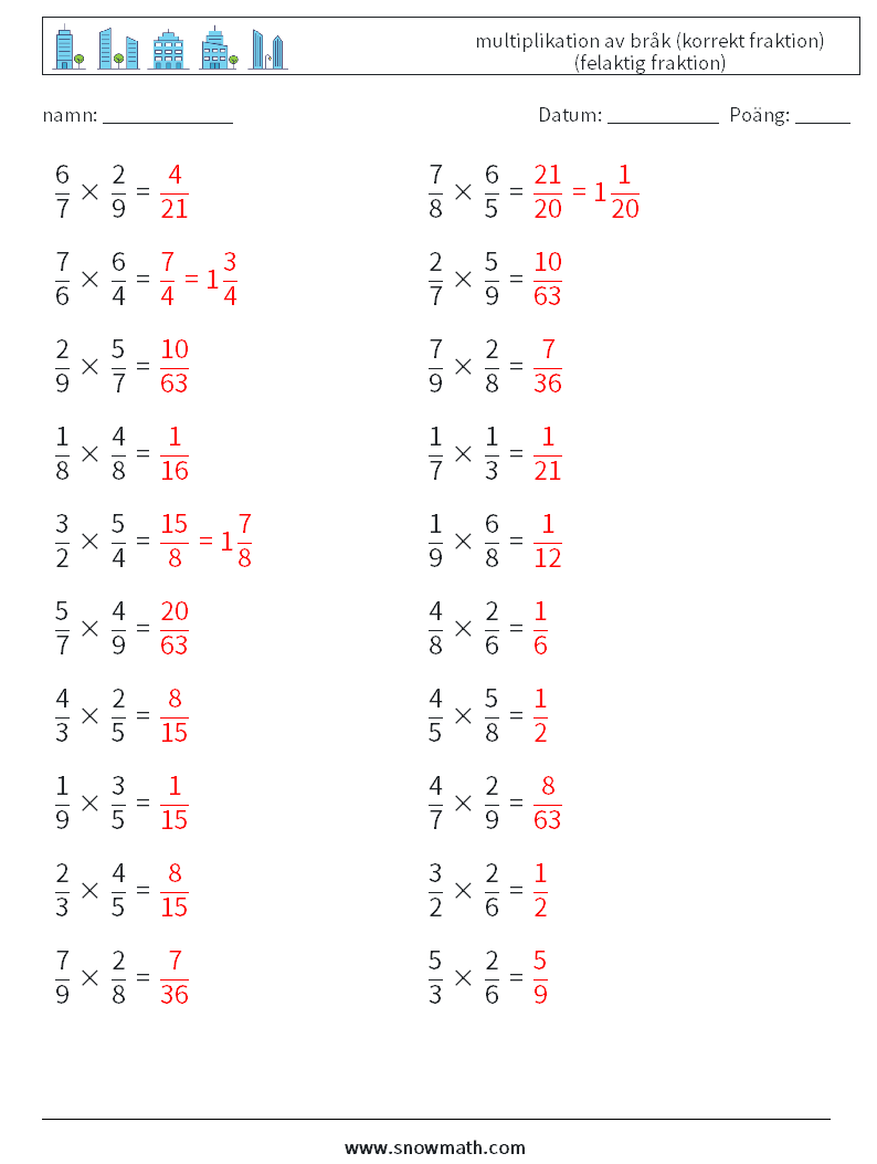 (20) multiplikation av bråk (korrekt fraktion) (felaktig fraktion) Matematiska arbetsblad 12 Fråga, svar