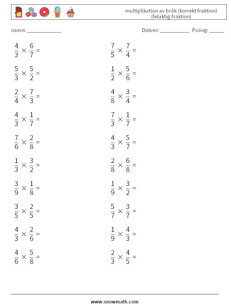 (20) multiplikation av bråk (korrekt fraktion) (felaktig fraktion) Matematiska arbetsblad 13