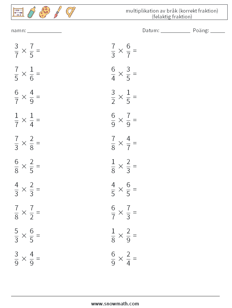(20) multiplikation av bråk (korrekt fraktion) (felaktig fraktion) Matematiska arbetsblad 14