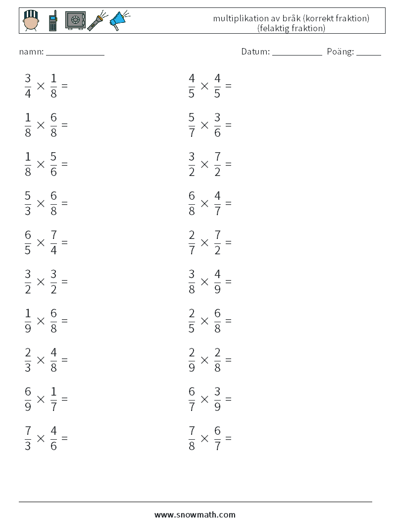 (20) multiplikation av bråk (korrekt fraktion) (felaktig fraktion) Matematiska arbetsblad 15