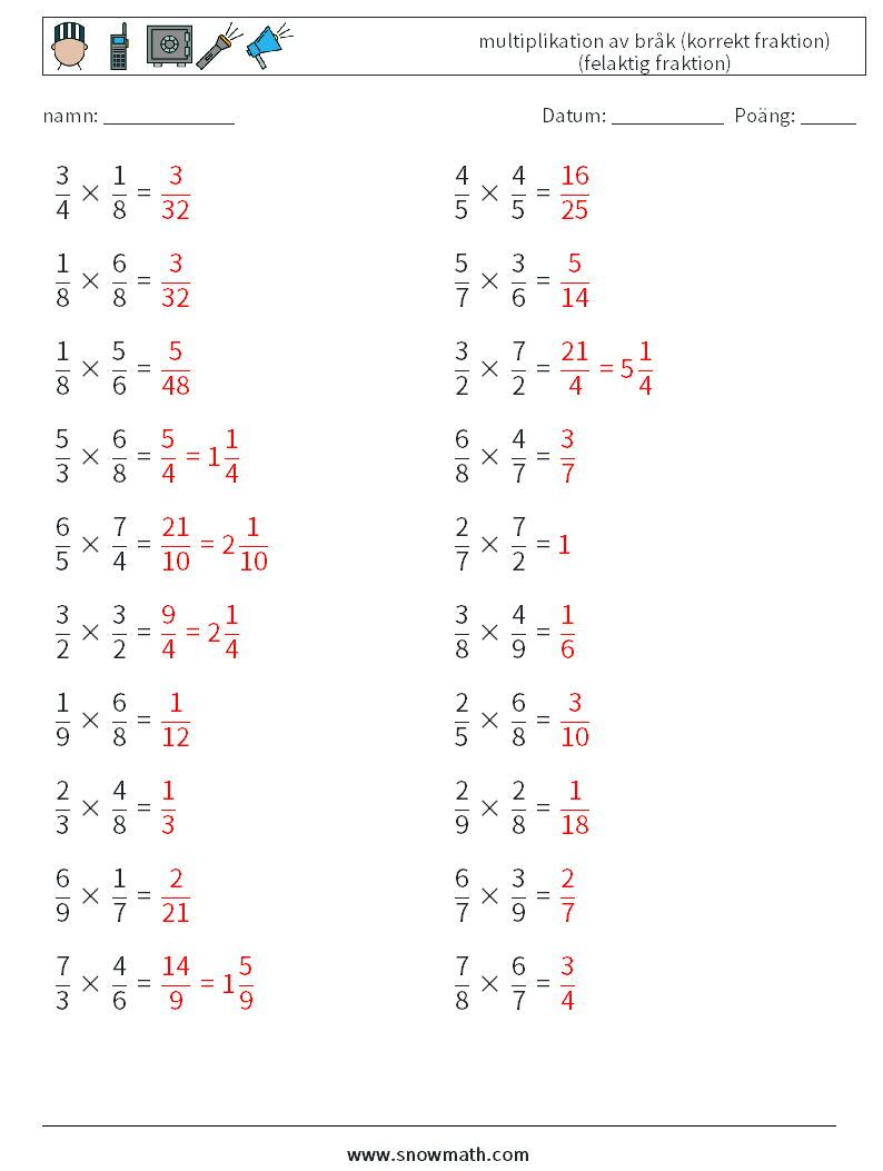 (20) multiplikation av bråk (korrekt fraktion) (felaktig fraktion) Matematiska arbetsblad 15 Fråga, svar