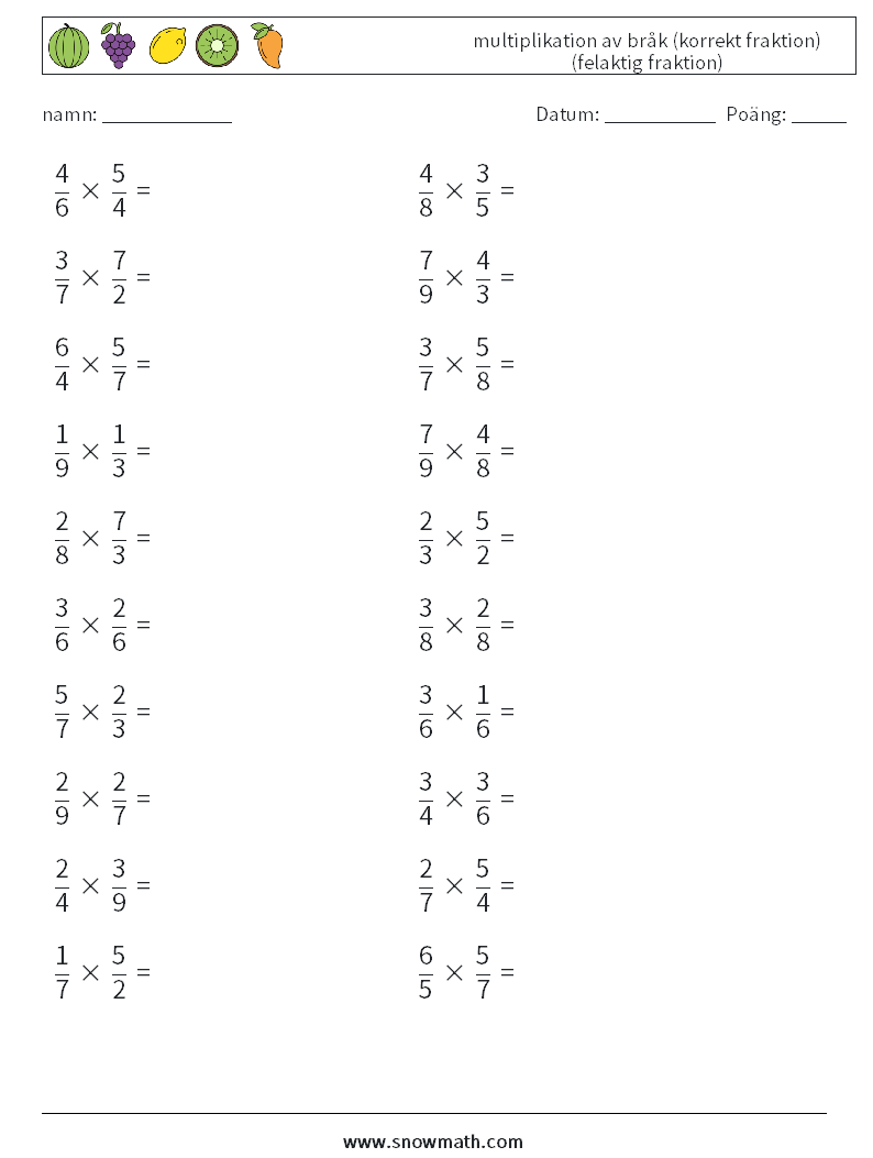 (20) multiplikation av bråk (korrekt fraktion) (felaktig fraktion) Matematiska arbetsblad 16